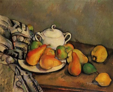 bowl painting - Sugarbowl Pears and Tablecloth Paul Cezanne